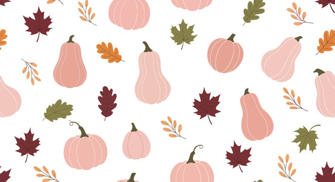 Seamless autumn pattern with pink pumpkins and colorful fall leaves on white background.