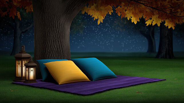 Cozy night picnic setup with colorful pillows and lanterns under tree for outdoor relaxation and romantic evening design
