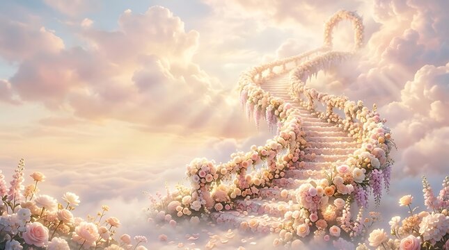 Enchanting Staircase Ascending Through Clouds Adorned with Flowers and Sunlight Rays stairs heaven