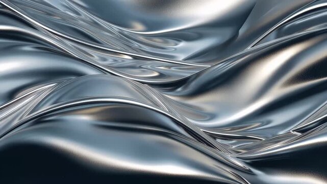 Smooth silver waves flow together under soft light in a dark space showing fluid movement and shiny textures at various angles