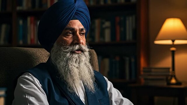 A man in a turban seated in a cozy library, deep in thought.