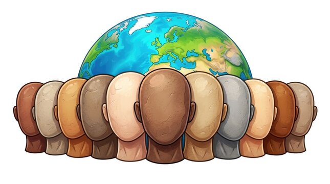 Earth globe behind faceless human heads in a planet