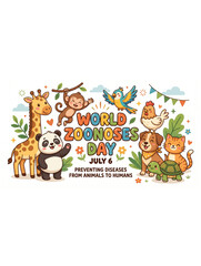Naklejka premium World zoonoses awareness illustration with cute animals and public health education theme for disease prevention campaign