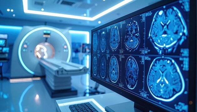 A modern medical facility showcases an MRI scanner and a monitor displaying detailed brain scans, highlighting advancements in diagnostic imaging and healthcare technology.