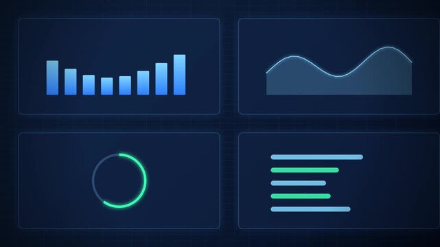 Horizontal 4K dashboard background with animated bar charts, line graphs, pie ring, and progress bars on glassmorphism panels. Clean data visualization backdrop for business.