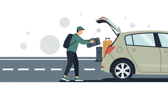Man loading luggage into car trunk for travel, vacation packing, road trip preparation