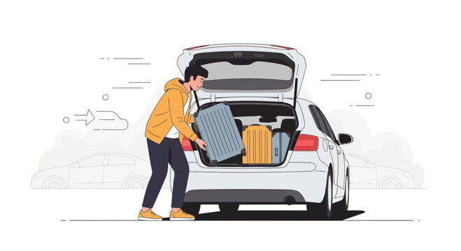 Man loading luggage into car trunk for travel, packing for vacation trip