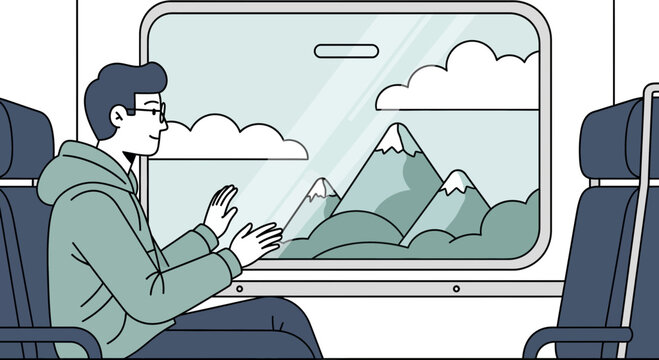 Man on train looking at mountains through window, scenic journey, travel concept