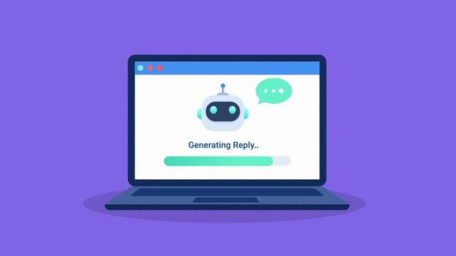 Animated illustration of a laptop displaying AI assistant generating reply with messaging icon, suitable for artificial intelligence and communication concepts.
