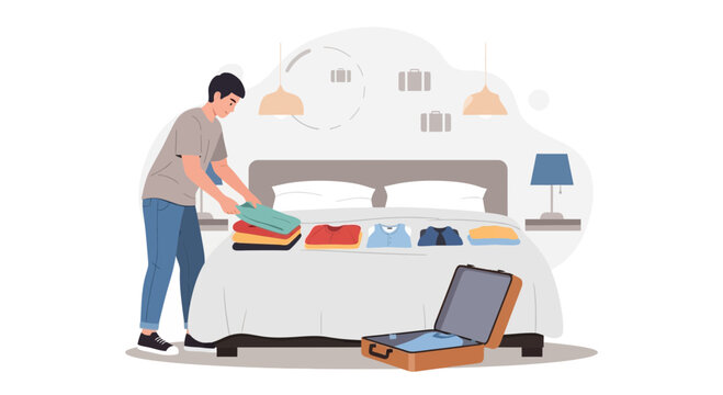 Man packing suitcase for travel, folding clothes on bed in bedroom, vacation preparation