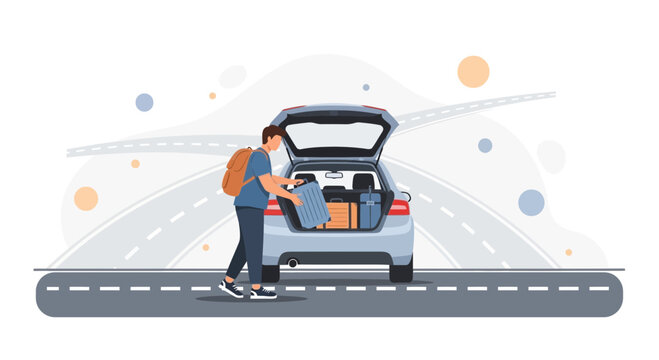 Man packing luggage into car trunk for road trip vacation, travel loading concept