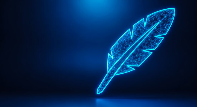 A digital illustration of a neon-lit feather icon on a dark blue backdrop with subtle lighting effects.