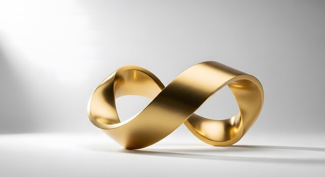 Golden infinity symbol made of two shiny metallic rings on white background