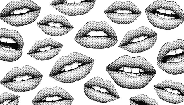 Pop art lips pattern illustrations with halftone shading and expressive mouth vector design concepts