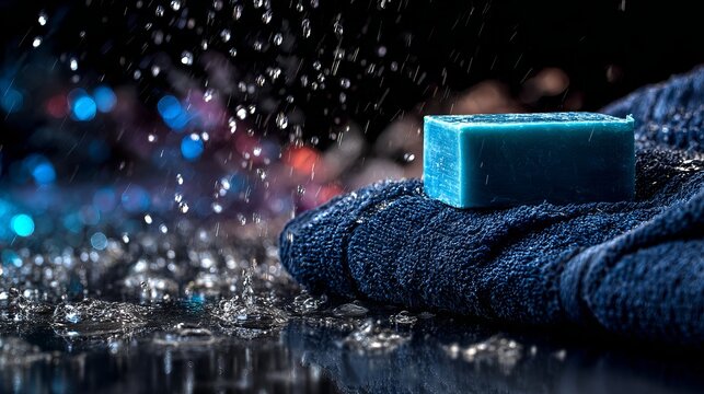 Blue bar of soap resting on a soft towel with water droplets splashing all around