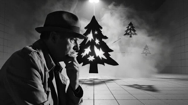 Detective contemplates amidst a surreal Christmas tableau featuring a glowing tree and swirling smoke in grayscale