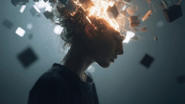Surreal portrait with glowing exploding cubes symbolizing mental overload and digital consciousness.