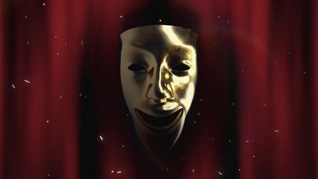 4K animation of a theatrical opening sequence with a theatrical mask and curtain.