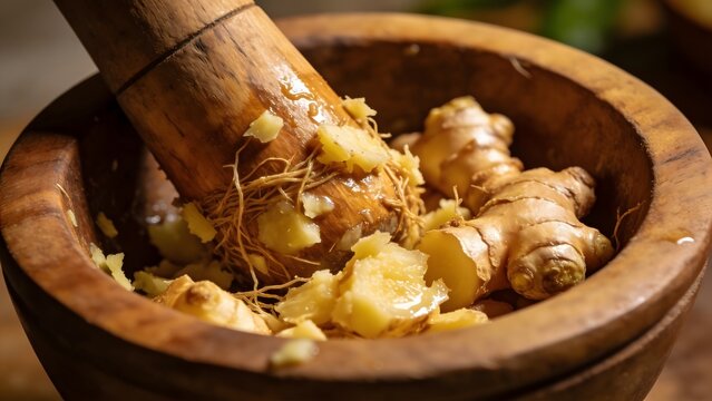 Close-up of fresh ginger root being crushed in a wooden mortar with a pestle, highlighting the texture and preparing ingredients.