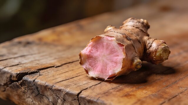 A close-up of a pink ginger root with its unique texture and vibrant color on a rustic wooden surface.