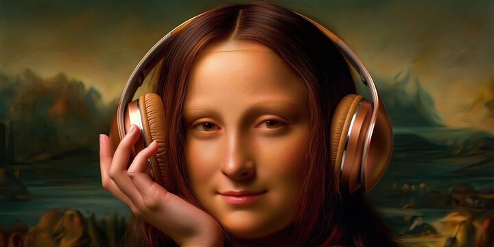 Mona Lisa's picture. In headphones