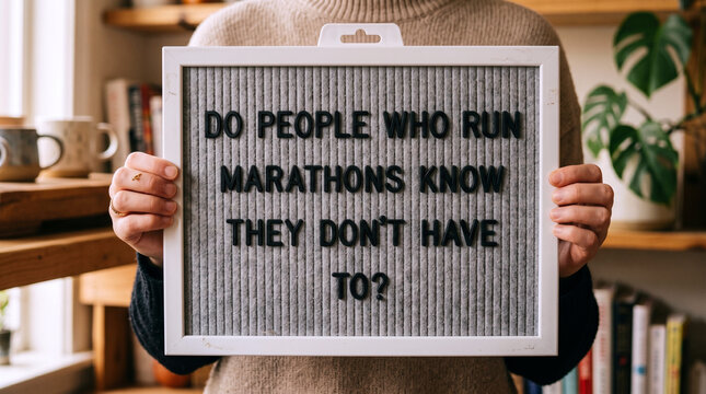 Person holding grey felt letter board with funny marathon running quote in cosy home interior
