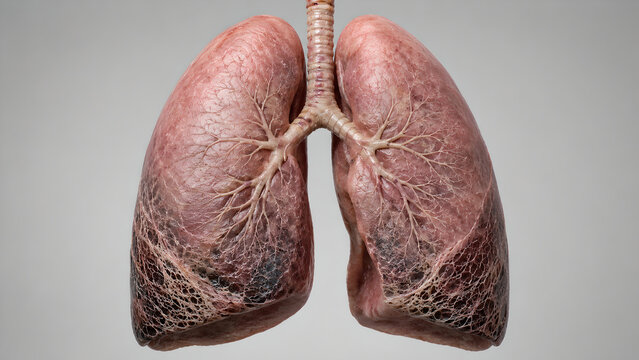 3D Medical Lung Render, Posterior Basal Subpleural Reticulation, Mild Honeycombing, Fibrotic Mesh Lines, Peripheral Cystic Spaces, Realistic Trachea Bronchi, Clinical Anatomy
