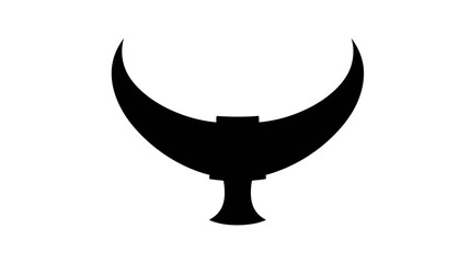 Naklejka premium A bold black silhouette of a crescent moon shape with upturned horns, mounted atop a stylized stand, on a white background.
