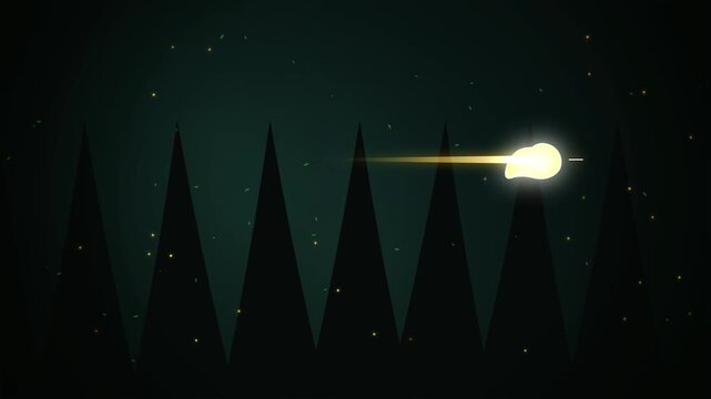 Glowing light projectile moving across a dark forest background at night