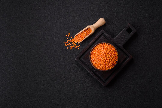 Raw red lentils as a source of protein for a healthy vegan meal. Red lentils