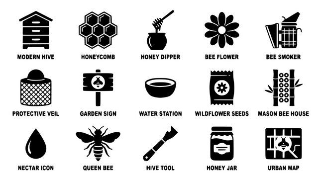 Black and white bee icons and symbols for honey production
