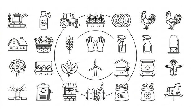 Agriculture and Farming Thin Line Icon Set Vector