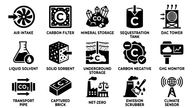 Carbon capture technology icons for environmental sustainability solutions