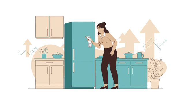 Woman checking empty fridge with rising price arrows, food cost concept
