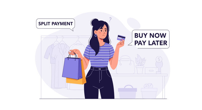 Woman choosing between split payment and buy now pay later options for shopping