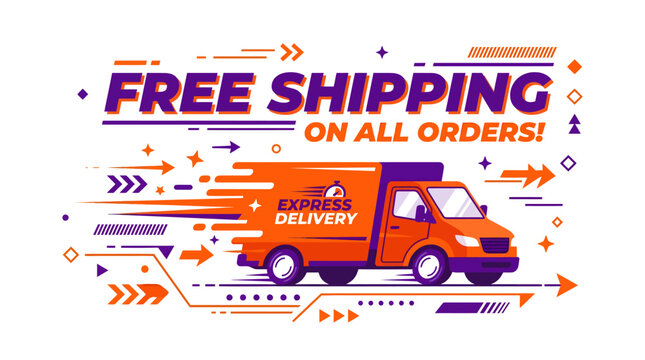 A vibrant graphic illustration of a delivery truck surrounded by colorful arrows and stars promotes free shipping on all orders in a lively advertisement.