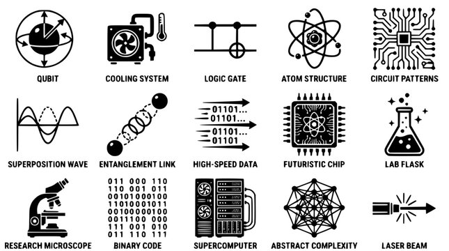 Quantum computing and technology concepts illustrated in simple graphics