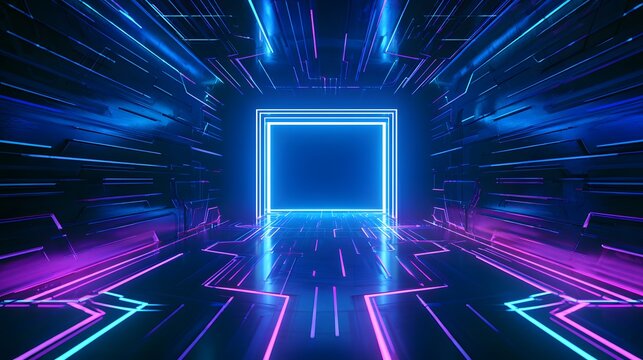 Glimpse into a retro future server room bathed in vibrant blue magenta neon light patterns