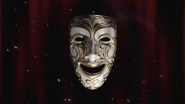 4K animation of a theatrical opening sequence with a theatrical mask and curtain.