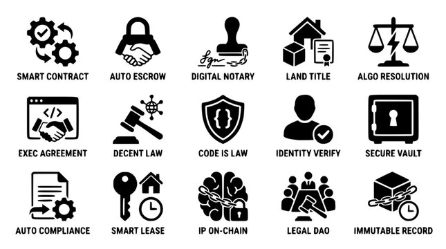 Blockchain technology icons for secure digital transactions and law