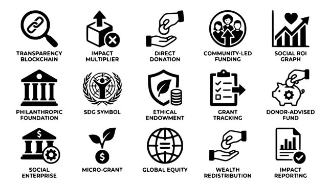 Social impact investing and philanthropy concept icons set for charity
