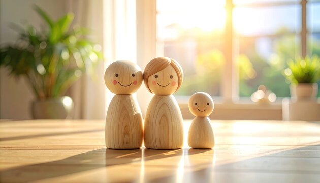 Wooden figures embody familial warmth and serenity.