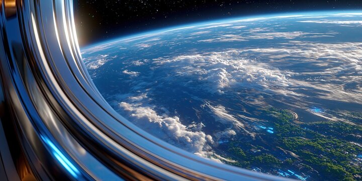 A spaceship near the night planet Earth, as seen from the porthole.
