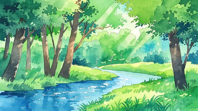 光差し込む森と小川の水彩風景 背景イラスト