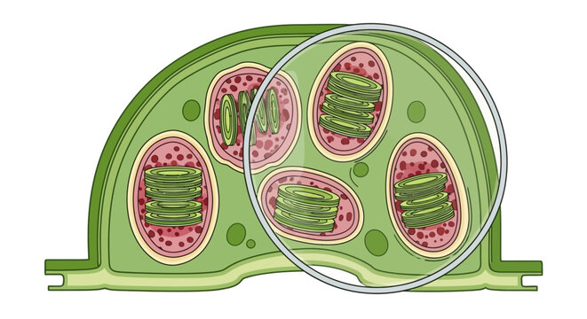 Clear illustration of plant cell chloroplasts and the process of photosynthesis.