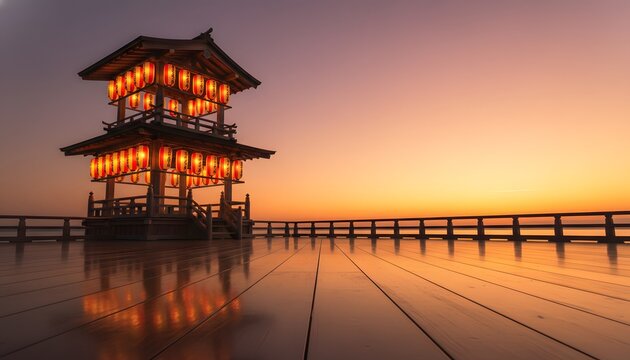 Traditional Japanese bon odori sunset backdrop with glowing paper lanterns on a wooden pavilion for cultural celebration concept and travel tourism marketing