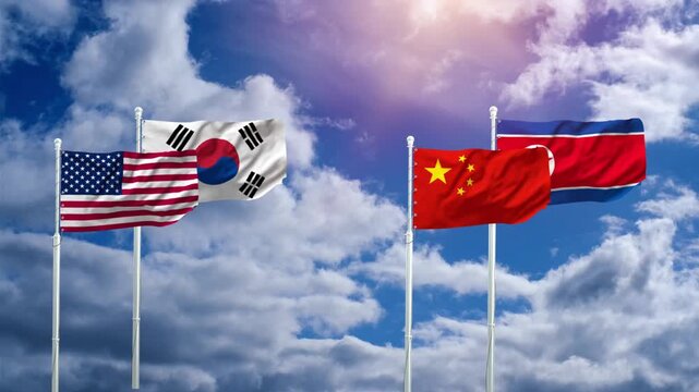 USA, South Korea, China, North Korea flags waving against a cloudy blue sky