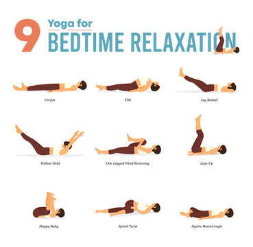 9 Yoga poses or asana posture for workout in bedtime concept. Women exercising for body stretching. Fitness infographic. Flat cartoon .