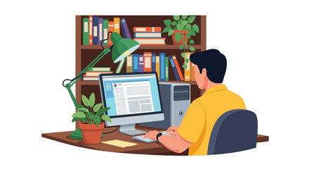 Person working on a computer at a desk with bookshelves in the background. © Kosong