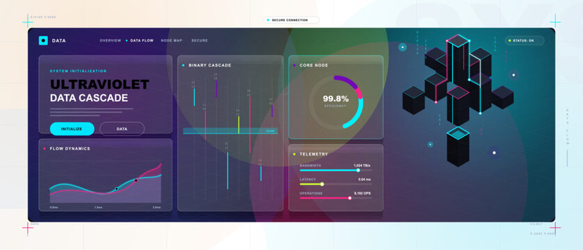 Dark ultraviolet data cascade dashboard with binary code flow, isometric core nodes, efficiency gauge, telemetry sliders and neon analytics panels.